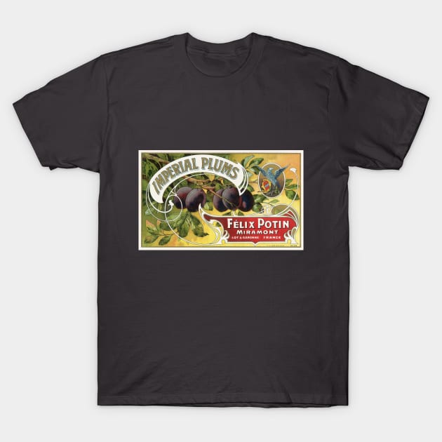 Vintage Imperial Plums Fruit Crate Label T-Shirt by MasterpieceCafe